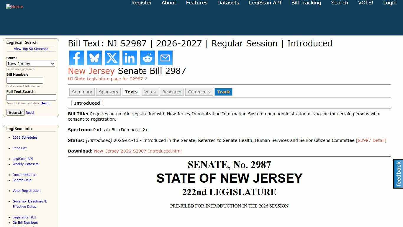 Bill Text: NJ S2987 2026-2027 Regular Session Introduced LegiScan