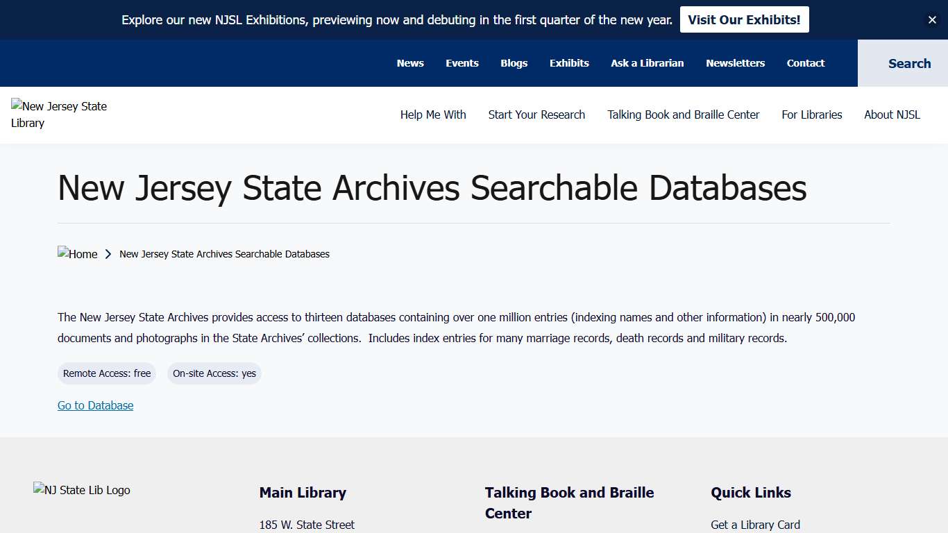 New Jersey State Archives Searchable Databases New Jersey State Library